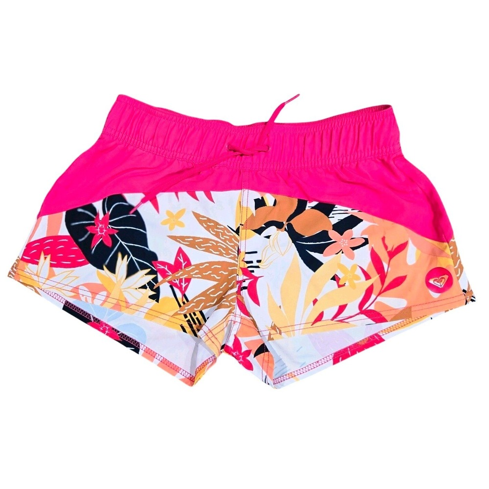 ROXY Cut Off Shorts Pink Multicolor Floral Drawstring Elastic Waist Women XS/6